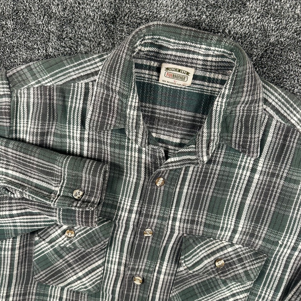 VTG FiveBrother Flannel Shirt Mens L Green Grey Plaid Button Down Workwear Slv